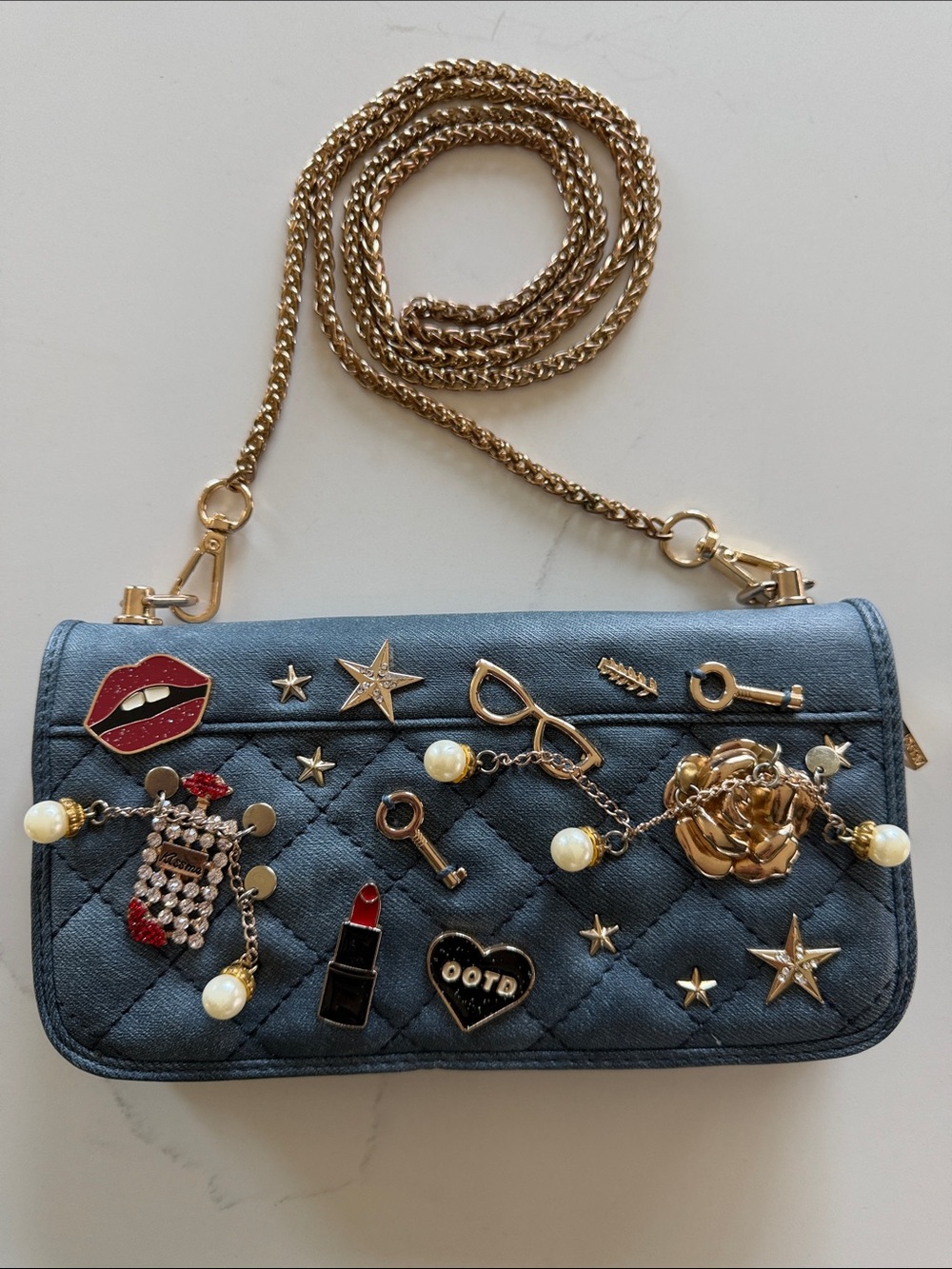 ALDO Embellished Black Quilted Crossbody Bag with Gold Chain